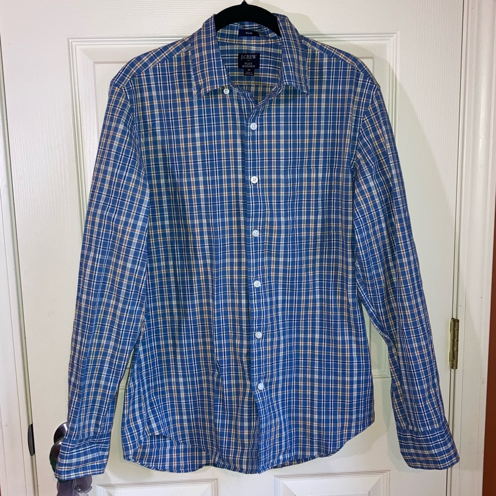 J. Crew Mens Flex Washed Slim Fit Plaid Collared Casual Button Down Shirt Medium